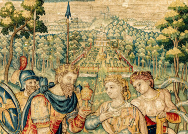 Schloss Bruchsal - Hauptbau / Corps de Logis - Von innen - Beletage - Gelbes Zimmer - Südwand, westliche Seite - Ausschnitt (oben) aus der Tapisserie "Esther von Ahasver zu königlichen Ehren erhoben" aus der sechsteiligen Folge mit Szenen aus dem Alten Testament (hier: Das Buch Esther, Kapitel 2; Inv.Nr. G 112; Höhe x Breite: 273 cm x 197 cm; hergestellt von Martin II Reymbouts in Brüssel, um 1600; restauriert 1965/66 und nach 2007) (aufgenommen im November 2020, am späten Nachmittag) Schloss Bruchsal - Hauptbau / Corps de Logis - Von innen - Beletage - Gelbes Zimmer - Südwand, westliche Seite - Ausschnitt (oben) aus der Tapisserie "Esther von Ahasver zu königlichen Ehren erhoben" aus der sechsteiligen Folge mit Szenen aus dem Alten Testament (hier: Das Buch Esther, Kapitel 2; Inv.Nr. G 112; Höhe x Breite: 273 cm x 197 cm; hergestellt von Martin II Reymbouts in Brüssel, um 1600; restauriert 1965/66 und nach 2007) (aufgenommen im November 2020, am späten Nachmittag)