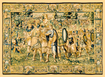 Schloss Bruchsal - Hauptbau / Corps de Logis - Von innen - Beletage - Gelbes Zimmer - Ostwand, südliche Seite - Tapisserie "Kriegsszene" aus der sechsteiligen Folge mit Szenen aus dem Alten Testament (hier: unklare Episode aus dem Alten Testament über eine kriegerische Auseinandersetzung ; Inv.Nr. G 113; Höhe x Breite: 277 cm x 388 cm; hergestellt von Martin II Reymbouts in Brüssel, um 1600; restauriert 1961/63 und nach 2007) (aufgenommen im Dezember 2020, am späten Vormittag) Schloss Bruchsal - Hauptbau / Corps de Logis - Von innen - Beletage - Gelbes Zimmer - Ostwand, südliche Seite - Tapisserie "Kriegsszene" aus der sechsteiligen Folge mit Szenen aus dem Alten Testament (hier: unklare Episode aus dem Alten Testament über eine kriegerische Auseinandersetzung ; Inv.Nr. G 113; Höhe x Breite: 277 cm x 388 cm; hergestellt von Martin II Reymbouts in Brüssel, um 1600; restauriert 1961/63 und nach 2007) (aufgenommen im Dezember 2020, am späten Vormittag)