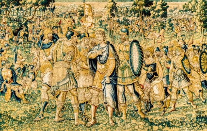 Schloss Bruchsal - Hauptbau / Corps de Logis - Von innen - Beletage - Gelbes Zimmer - Ostwand, südliche Seite - Ausschnitt (ohne Bordüre) aus der Tapisserie "Kriegsszene" aus der sechsteiligen Folge mit Szenen aus dem Alten Testament (hier: unklare Episode aus dem Alten Testament über eine kriegerische Auseinandersetzung ; Inv.Nr. G 113; Höhe x Breite: 277 cm x 388 cm; hergestellt von Martin II Reymbouts in Brüssel, um 1600; restauriert 1961/63 und nach 2007) (aufgenommen im Dezember 2020, am späten Vormittag) Schloss Bruchsal - Hauptbau / Corps de Logis - Von innen - Beletage - Gelbes Zimmer - Ostwand, südliche Seite - Ausschnitt (ohne Bordüre) aus der Tapisserie "Kriegsszene" aus der sechsteiligen Folge mit Szenen aus dem Alten Testament (hier: unklare Episode aus dem Alten Testament über eine kriegerische Auseinandersetzung ; Inv.Nr. G 113; Höhe x Breite: 277 cm x 388 cm; hergestellt von Martin II Reymbouts in Brüssel, um 1600; restauriert 1961/63 und nach 2007) (aufgenommen im Dezember 2020, am späten Vormittag)