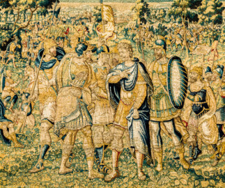 Schloss Bruchsal - Hauptbau / Corps de Logis - Von innen - Beletage - Gelbes Zimmer - Ostwand, südliche Seite - Ausschnitt aus der Tapisserie "Kriegsszene" aus der sechsteiligen Folge mit Szenen aus dem Alten Testament (hier: unklare Episode aus dem Alten Testament über eine kriegerische Auseinandersetzung ; Inv.Nr. G 113; Höhe x Breite: 277 cm x 388 cm; hergestellt von Martin II Reymbouts in Brüssel, um 1600; restauriert 1961/63 und nach 2007) (aufgenommen im Dezember 2020, am späten Vormittag) Schloss Bruchsal - Hauptbau / Corps de Logis - Von innen - Beletage - Gelbes Zimmer - Ostwand, südliche Seite - Ausschnitt aus der Tapisserie "Kriegsszene" aus der sechsteiligen Folge mit Szenen aus dem Alten Testament (hier: unklare Episode aus dem Alten Testament über eine kriegerische Auseinandersetzung ; Inv.Nr. G 113; Höhe x Breite: 277 cm x 388 cm; hergestellt von Martin II Reymbouts in Brüssel, um 1600; restauriert 1961/63 und nach 2007) (aufgenommen im Dezember 2020, am späten Vormittag)