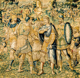 Schloss Bruchsal - Hauptbau / Corps de Logis - Von innen - Beletage - Gelbes Zimmer - Ostwand, südliche Seite - Ausschnitt aus der Tapisserie "Kriegsszene" aus der sechsteiligen Folge mit Szenen aus dem Alten Testament (hier: unklare Episode aus dem Alten Testament über eine kriegerische Auseinandersetzung ; Inv.Nr. G 113; Höhe x Breite: 277 cm x 388 cm; hergestellt von Martin II Reymbouts in Brüssel, um 1600; restauriert 1961/63 und nach 2007) (aufgenommen im Dezember 2020, am späten Vormittag) Schloss Bruchsal - Hauptbau / Corps de Logis - Von innen - Beletage - Gelbes Zimmer - Ostwand, südliche Seite - Ausschnitt aus der Tapisserie "Kriegsszene" aus der sechsteiligen Folge mit Szenen aus dem Alten Testament (hier: unklare Episode aus dem Alten Testament über eine kriegerische Auseinandersetzung ; Inv.Nr. G 113; Höhe x Breite: 277 cm x 388 cm; hergestellt von Martin II Reymbouts in Brüssel, um 1600; restauriert 1961/63 und nach 2007) (aufgenommen im Dezember 2020, am späten Vormittag)