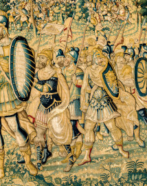 Schloss Bruchsal - Hauptbau / Corps de Logis - Von innen - Beletage - Gelbes Zimmer - Ostwand, südliche Seite - Ausschnitt (ohne Bordüre) aus der Tapisserie "Kriegsszene" aus der sechsteiligen Folge mit Szenen aus dem Alten Testament (hier: unklare Episode aus dem Alten Testament über eine kriegerische Auseinandersetzung ; Inv.Nr. G 113; Höhe x Breite: 277 cm x 388 cm; hergestellt von Martin II Reymbouts in Brüssel, um 1600; restauriert 1961/63 und nach 2007) (aufgenommen im Dezember 2020, um die Mittagszeit) Schloss Bruchsal - Hauptbau / Corps de Logis - Von innen - Beletage - Gelbes Zimmer - Ostwand, südliche Seite - Ausschnitt (ohne Bordüre) aus der Tapisserie "Kriegsszene" aus der sechsteiligen Folge mit Szenen aus dem Alten Testament (hier: unklare Episode aus dem Alten Testament über eine kriegerische Auseinandersetzung ; Inv.Nr. G 113; Höhe x Breite: 277 cm x 388 cm; hergestellt von Martin II Reymbouts in Brüssel, um 1600; restauriert 1961/63 und nach 2007) (aufgenommen im Dezember 2020, um die Mittagszeit)