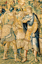 Schloss Bruchsal - Hauptbau / Corps de Logis - Von innen - Beletage - Gelbes Zimmer - Ostwand, südliche Seite - Ausschnitt (Mitte) aus der Tapisserie "Kriegsszene" aus der sechsteiligen Folge mit Szenen aus dem Alten Testament (hier: unklare Episode aus dem Alten Testament über eine kriegerische Auseinandersetzung ; Inv.Nr. G 113; Höhe x Breite: 277 cm x 388 cm; hergestellt von Martin II Reymbouts in Brüssel, um 1600; restauriert 1961/63 und nach 2007) (aufgenommen im Dezember 2020, um die Mittagszei) Schloss Bruchsal - Hauptbau / Corps de Logis - Von innen - Beletage - Gelbes Zimmer - Ostwand, südliche Seite - Ausschnitt (Mitte) aus der Tapisserie "Kriegsszene" aus der sechsteiligen Folge mit Szenen aus dem Alten Testament (hier: unklare Episode aus dem Alten Testament über eine kriegerische Auseinandersetzung ; Inv.Nr. G 113; Höhe x Breite: 277 cm x 388 cm; hergestellt von Martin II Reymbouts in Brüssel, um 1600; restauriert 1961/63 und nach 2007) (aufgenommen im Dezember 2020, um die Mittagszei)