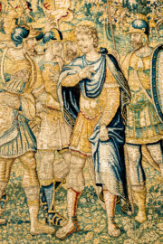 Schloss Bruchsal - Hauptbau / Corps de Logis - Von innen - Beletage - Gelbes Zimmer - Ostwand, südliche Seite - Ausschnitt (Mitte) aus der Tapisserie "Kriegsszene" aus der sechsteiligen Folge mit Szenen aus dem Alten Testament (hier: unklare Episode aus dem Alten Testament über eine kriegerische Auseinandersetzung ; Inv.Nr. G 113; Höhe x Breite: 277 cm x 388 cm; hergestellt von Martin II Reymbouts in Brüssel, um 1600; restauriert 1961/63 und nach 2007) (aufgenommen im Dezember 2020, um die Mittagszei) Schloss Bruchsal - Hauptbau / Corps de Logis - Von innen - Beletage - Gelbes Zimmer - Ostwand, südliche Seite - Ausschnitt (Mitte) aus der Tapisserie "Kriegsszene" aus der sechsteiligen Folge mit Szenen aus dem Alten Testament (hier: unklare Episode aus dem Alten Testament über eine kriegerische Auseinandersetzung ; Inv.Nr. G 113; Höhe x Breite: 277 cm x 388 cm; hergestellt von Martin II Reymbouts in Brüssel, um 1600; restauriert 1961/63 und nach 2007) (aufgenommen im Dezember 2020, um die Mittagszei)