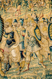 Schloss Bruchsal - Hauptbau / Corps de Logis - Von innen - Beletage - Gelbes Zimmer - Ostwand, südliche Seite - Ausschnitt (ohne Bordüre) aus der Tapisserie "Kriegsszene" aus der sechsteiligen Folge mit Szenen aus dem Alten Testament (hier: unklare Episode aus dem Alten Testament über eine kriegerische Auseinandersetzung ; Inv.Nr. G 113; Höhe x Breite: 277 cm x 388 cm; hergestellt von Martin II Reymbouts in Brüssel, um 1600; restauriert 1961/63 und nach 2007) (aufgenommen im Dezember 2020, am frühen Nachmittag) Schloss Bruchsal - Hauptbau / Corps de Logis - Von innen - Beletage - Gelbes Zimmer - Ostwand, südliche Seite - Ausschnitt (ohne Bordüre) aus der Tapisserie "Kriegsszene" aus der sechsteiligen Folge mit Szenen aus dem Alten Testament (hier: unklare Episode aus dem Alten Testament über eine kriegerische Auseinandersetzung ; Inv.Nr. G 113; Höhe x Breite: 277 cm x 388 cm; hergestellt von Martin II Reymbouts in Brüssel, um 1600; restauriert 1961/63 und nach 2007) (aufgenommen im Dezember 2020, am frühen Nachmittag)