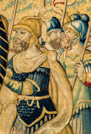 Schloss Bruchsal - Hauptbau / Corps de Logis - Von innen - Beletage - Gelbes Zimmer - Ostwand, südliche Seite - Ausschnitt (ohne Bordüre) aus der Tapisserie "Kriegsszene" aus der sechsteiligen Folge mit Szenen aus dem Alten Testament (hier: unklare Episode aus dem Alten Testament über eine kriegerische Auseinandersetzung ; Inv.Nr. G 113; Höhe x Breite: 277 cm x 388 cm; hergestellt von Martin II Reymbouts in Brüssel, um 1600; restauriert 1961/63 und nach 2007) (aufgenommen im Dezember 2020, am frühen Nachmittag) Schloss Bruchsal - Hauptbau / Corps de Logis - Von innen - Beletage - Gelbes Zimmer - Ostwand, südliche Seite - Ausschnitt (ohne Bordüre) aus der Tapisserie "Kriegsszene" aus der sechsteiligen Folge mit Szenen aus dem Alten Testament (hier: unklare Episode aus dem Alten Testament über eine kriegerische Auseinandersetzung ; Inv.Nr. G 113; Höhe x Breite: 277 cm x 388 cm; hergestellt von Martin II Reymbouts in Brüssel, um 1600; restauriert 1961/63 und nach 2007) (aufgenommen im Dezember 2020, am frühen Nachmittag)