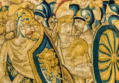 Schloss Bruchsal - Hauptbau / Corps de Logis - Von innen - Beletage - Gelbes Zimmer - Ostwand, südliche Seite - Ausschnitt (ohne Bordüre) aus der Tapisserie "Kriegsszene" aus der sechsteiligen Folge mit Szenen aus dem Alten Testament (hier: unklare Episode aus dem Alten Testament über eine kriegerische Auseinandersetzung ; Inv.Nr. G 113; Höhe x Breite: 277 cm x 388 cm; hergestellt von Martin II Reymbouts in Brüssel, um 1600; restauriert 1961/63 und nach 2007) (aufgenommen im Dezember 2020, am frühen Nachmittag) Schloss Bruchsal - Hauptbau / Corps de Logis - Von innen - Beletage - Gelbes Zimmer - Ostwand, südliche Seite - Ausschnitt (ohne Bordüre) aus der Tapisserie "Kriegsszene" aus der sechsteiligen Folge mit Szenen aus dem Alten Testament (hier: unklare Episode aus dem Alten Testament über eine kriegerische Auseinandersetzung ; Inv.Nr. G 113; Höhe x Breite: 277 cm x 388 cm; hergestellt von Martin II Reymbouts in Brüssel, um 1600; restauriert 1961/63 und nach 2007) (aufgenommen im Dezember 2020, am frühen Nachmittag)