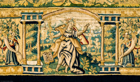 Schloss Bruchsal - Hauptbau / Corps de Logis - Von innen - Beletage - Gelbes Zimmer - Ostwand, südliche Seite - Ausschnitt (unten, Mitte) aus der Bordüre der Tapisserie "Kriegsszene" aus der sechsteiligen Folge mit Szenen aus dem Alten Testament (hier: unklare Episode aus dem Alten Testament über eine kriegerische Auseinandersetzung ; Inv.Nr. G 113; Höhe x Breite: 277 cm x 388 cm; hergestellt von Martin II Reymbouts in Brüssel, um 1600; restauriert 1961/63 und nach 2007) (aufgenommen im Dezember 2020, am frühen Nachmittag) Schloss Bruchsal - Hauptbau / Corps de Logis - Von innen - Beletage - Gelbes Zimmer - Ostwand, südliche Seite - Ausschnitt (unten, Mitte) aus der Bordüre der Tapisserie "Kriegsszene" aus der sechsteiligen Folge mit Szenen aus dem Alten Testament (hier: unklare Episode aus dem Alten Testament über eine kriegerische Auseinandersetzung ; Inv.Nr. G 113; Höhe x Breite: 277 cm x 388 cm; hergestellt von Martin II Reymbouts in Brüssel, um 1600; restauriert 1961/63 und nach 2007) (aufgenommen im Dezember 2020, am frühen Nachmittag)