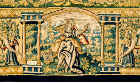 Schloss Bruchsal - Hauptbau / Corps de Logis - Von innen - Beletage - Gelbes Zimmer - Ostwand, südliche Seite - Ausschnitt (unten, Mitte) aus der Bordüre der Tapisserie "Kriegsszene" aus der sechsteiligen Folge mit Szenen aus dem Alten Testament (hier: unklare Episode aus dem Alten Testament über eine kriegerische Auseinandersetzung ; Inv.Nr. G 113; Höhe x Breite: 277 cm x 388 cm; hergestellt von Martin II Reymbouts in Brüssel, um 1600; restauriert 1961/63 und nach 2007) (aufgenommen im Dezember 2020, am frühen Nachmittag) Schloss Bruchsal - Hauptbau / Corps de Logis - Von innen - Beletage - Gelbes Zimmer - Ostwand, südliche Seite - Ausschnitt (unten, Mitte) aus der Bordüre der Tapisserie "Kriegsszene" aus der sechsteiligen Folge mit Szenen aus dem Alten Testament (hier: unklare Episode aus dem Alten Testament über eine kriegerische Auseinandersetzung ; Inv.Nr. G 113; Höhe x Breite: 277 cm x 388 cm; hergestellt von Martin II Reymbouts in Brüssel, um 1600; restauriert 1961/63 und nach 2007) (aufgenommen im Dezember 2020, am frühen Nachmittag)