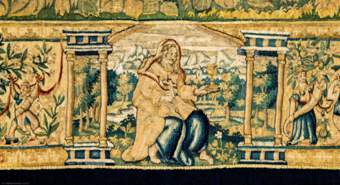 Schloss Bruchsal - Hauptbau / Corps de Logis - Von innen - Beletage - Gelbes Zimmer - Ostwand, südliche Seite - Ausschnitt (unten, links der Mitte) aus der Bordüre der Tapisserie "Kriegsszene" aus der sechsteiligen Folge mit Szenen aus dem Alten Testament (hier: unklare Episode aus dem Alten Testament über eine kriegerische Auseinandersetzung ; Inv.Nr. G 113; Höhe x Breite: 277 cm x 388 cm; hergestellt von Martin II Reymbouts in Brüssel, um 1600; restauriert 1961/63 und nach 2007) (aufgenommen im Dezember 2020, am frühen Nachmittag) Schloss Bruchsal - Hauptbau / Corps de Logis - Von innen - Beletage - Gelbes Zimmer - Ostwand, südliche Seite - Ausschnitt (unten, links der Mitte) aus der Bordüre der Tapisserie "Kriegsszene" aus der sechsteiligen Folge mit Szenen aus dem Alten Testament (hier: unklare Episode aus dem Alten Testament über eine kriegerische Auseinandersetzung ; Inv.Nr. G 113; Höhe x Breite: 277 cm x 388 cm; hergestellt von Martin II Reymbouts in Brüssel, um 1600; restauriert 1961/63 und nach 2007) (aufgenommen im Dezember 2020, am frühen Nachmittag)