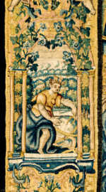 Schloss Bruchsal - Hauptbau / Corps de Logis - Von innen - Beletage - Gelbes Zimmer - Ostwand, südliche Seite - Ausschnitt (links, Mitte) aus der Bordüre der Tapisserie "Kriegsszene" aus der sechsteiligen Folge mit Szenen aus dem Alten Testament (hier: unklare Episode aus dem Alten Testament über eine kriegerische Auseinandersetzung ; Inv.Nr. G 113; Höhe x Breite: 277 cm x 388 cm; hergestellt von Martin II Reymbouts in Brüssel, um 1600; restauriert 1961/63 und nach 2007) (aufgenommen im Dezember 2020, am Nachmittag) Schloss Bruchsal - Hauptbau / Corps de Logis - Von innen - Beletage - Gelbes Zimmer - Ostwand, südliche Seite - Ausschnitt (links, Mitte) aus der Bordüre der Tapisserie "Kriegsszene" aus der sechsteiligen Folge mit Szenen aus dem Alten Testament (hier: unklare Episode aus dem Alten Testament über eine kriegerische Auseinandersetzung ; Inv.Nr. G 113; Höhe x Breite: 277 cm x 388 cm; hergestellt von Martin II Reymbouts in Brüssel, um 1600; restauriert 1961/63 und nach 2007) (aufgenommen im Dezember 2020, am Nachmittag)