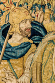 Schloss Bruchsal - Hauptbau / Corps de Logis - Von innen - Beletage - Gelbes Zimmer - Ostwand, südliche Seite - Ausschnitt (Mitte) aus der Tapisserie "Kriegsszene" aus der sechsteiligen Folge mit Szenen aus dem Alten Testament (hier: unklare Episode aus dem Alten Testament über eine kriegerische Auseinandersetzung ; Inv.Nr. G 113; Höhe x Breite: 277 cm x 388 cm; hergestellt von Martin II Reymbouts in Brüssel, um 1600; restauriert 1961/63 und nach 2007) (aufgenommen im Dezember 2020, am Nachmittag) Schloss Bruchsal - Hauptbau / Corps de Logis - Von innen - Beletage - Gelbes Zimmer - Ostwand, südliche Seite - Ausschnitt (Mitte) aus der Tapisserie "Kriegsszene" aus der sechsteiligen Folge mit Szenen aus dem Alten Testament (hier: unklare Episode aus dem Alten Testament über eine kriegerische Auseinandersetzung ; Inv.Nr. G 113; Höhe x Breite: 277 cm x 388 cm; hergestellt von Martin II Reymbouts in Brüssel, um 1600; restauriert 1961/63 und nach 2007) (aufgenommen im Dezember 2020, am Nachmittag)