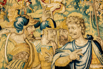 Schloss Bruchsal - Hauptbau / Corps de Logis - Von innen - Beletage - Gelbes Zimmer - Ostwand, südliche Seite - Ausschnitt (Mitte) aus der Tapisserie "Kriegsszene" aus der sechsteiligen Folge mit Szenen aus dem Alten Testament (hier: unklare Episode aus dem Alten Testament über eine kriegerische Auseinandersetzung ; Inv.Nr. G 113; Höhe x Breite: 277 cm x 388 cm; hergestellt von Martin II Reymbouts in Brüssel, um 1600; restauriert 1961/63 und nach 2007) (aufgenommen im Dezember 2020, am Nachmittag) Schloss Bruchsal - Hauptbau / Corps de Logis - Von innen - Beletage - Gelbes Zimmer - Ostwand, südliche Seite - Ausschnitt (Mitte) aus der Tapisserie "Kriegsszene" aus der sechsteiligen Folge mit Szenen aus dem Alten Testament (hier: unklare Episode aus dem Alten Testament über eine kriegerische Auseinandersetzung ; Inv.Nr. G 113; Höhe x Breite: 277 cm x 388 cm; hergestellt von Martin II Reymbouts in Brüssel, um 1600; restauriert 1961/63 und nach 2007) (aufgenommen im Dezember 2020, am Nachmittag)