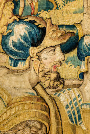 Schloss Bruchsal - Hauptbau / Corps de Logis - Von innen - Beletage - Gelbes Zimmer - Ostwand, südliche Seite - Ausschnitt (Mitte) aus der Tapisserie "Kriegsszene" aus der sechsteiligen Folge mit Szenen aus dem Alten Testament (hier: unklare Episode aus dem Alten Testament über eine kriegerische Auseinandersetzung ; Inv.Nr. G 113; Höhe x Breite: 277 cm x 388 cm; hergestellt von Martin II Reymbouts in Brüssel, um 1600; restauriert 1961/63 und nach 2007) (aufgenommen im Dezember 2020, am Nachmittag) Schloss Bruchsal - Hauptbau / Corps de Logis - Von innen - Beletage - Gelbes Zimmer - Ostwand, südliche Seite - Ausschnitt (Mitte) aus der Tapisserie "Kriegsszene" aus der sechsteiligen Folge mit Szenen aus dem Alten Testament (hier: unklare Episode aus dem Alten Testament über eine kriegerische Auseinandersetzung ; Inv.Nr. G 113; Höhe x Breite: 277 cm x 388 cm; hergestellt von Martin II Reymbouts in Brüssel, um 1600; restauriert 1961/63 und nach 2007) (aufgenommen im Dezember 2020, am Nachmittag)