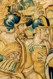 Schloss Bruchsal - Hauptbau / Corps de Logis - Von innen - Beletage - Gelbes Zimmer - Ostwand, südliche Seite - Ausschnitt (Mitte) aus der Tapisserie "Kriegsszene" aus der sechsteiligen Folge mit Szenen aus dem Alten Testament (hier: unklare Episode aus dem Alten Testament über eine kriegerische Auseinandersetzung ; Inv.Nr. G 113; Höhe x Breite: 277 cm x 388 cm; hergestellt von Martin II Reymbouts in Brüssel, um 1600; restauriert 1961/63 und nach 2007) (aufgenommen im Dezember 2020, am Nachmittag) Schloss Bruchsal - Hauptbau / Corps de Logis - Von innen - Beletage - Gelbes Zimmer - Ostwand, südliche Seite - Ausschnitt (Mitte) aus der Tapisserie "Kriegsszene" aus der sechsteiligen Folge mit Szenen aus dem Alten Testament (hier: unklare Episode aus dem Alten Testament über eine kriegerische Auseinandersetzung ; Inv.Nr. G 113; Höhe x Breite: 277 cm x 388 cm; hergestellt von Martin II Reymbouts in Brüssel, um 1600; restauriert 1961/63 und nach 2007) (aufgenommen im Dezember 2020, am Nachmittag)