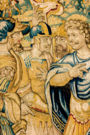 Schloss Bruchsal - Hauptbau / Corps de Logis - Von innen - Beletage - Gelbes Zimmer - Ostwand, südliche Seite - Ausschnitt (Mitte) aus der Tapisserie "Kriegsszene" aus der sechsteiligen Folge mit Szenen aus dem Alten Testament (hier: unklare Episode aus dem Alten Testament über eine kriegerische Auseinandersetzung ; Inv.Nr. G 113; Höhe x Breite: 277 cm x 388 cm; hergestellt von Martin II Reymbouts in Brüssel, um 1600; restauriert 1961/63 und nach 2007) (aufgenommen im Dezember 2020, am Nachmittag) Schloss Bruchsal - Hauptbau / Corps de Logis - Von innen - Beletage - Gelbes Zimmer - Ostwand, südliche Seite - Ausschnitt (Mitte) aus der Tapisserie "Kriegsszene" aus der sechsteiligen Folge mit Szenen aus dem Alten Testament (hier: unklare Episode aus dem Alten Testament über eine kriegerische Auseinandersetzung ; Inv.Nr. G 113; Höhe x Breite: 277 cm x 388 cm; hergestellt von Martin II Reymbouts in Brüssel, um 1600; restauriert 1961/63 und nach 2007) (aufgenommen im Dezember 2020, am Nachmittag)