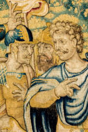 Schloss Bruchsal - Hauptbau / Corps de Logis - Von innen - Beletage - Gelbes Zimmer - Ostwand, südliche Seite - Ausschnitt (Mitte) aus der Tapisserie "Kriegsszene" aus der sechsteiligen Folge mit Szenen aus dem Alten Testament (hier: unklare Episode aus dem Alten Testament über eine kriegerische Auseinandersetzung ; Inv.Nr. G 113; Höhe x Breite: 277 cm x 388 cm; hergestellt von Martin II Reymbouts in Brüssel, um 1600; restauriert 1961/63 und nach 2007) (aufgenommen im Dezember 2020, am Nachmittag) Schloss Bruchsal - Hauptbau / Corps de Logis - Von innen - Beletage - Gelbes Zimmer - Ostwand, südliche Seite - Ausschnitt (Mitte) aus der Tapisserie "Kriegsszene" aus der sechsteiligen Folge mit Szenen aus dem Alten Testament (hier: unklare Episode aus dem Alten Testament über eine kriegerische Auseinandersetzung ; Inv.Nr. G 113; Höhe x Breite: 277 cm x 388 cm; hergestellt von Martin II Reymbouts in Brüssel, um 1600; restauriert 1961/63 und nach 2007) (aufgenommen im Dezember 2020, am Nachmittag)