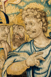 Schloss Bruchsal - Hauptbau / Corps de Logis - Von innen - Beletage - Gelbes Zimmer - Ostwand, südliche Seite - Ausschnitt (Mitte) aus der Tapisserie "Kriegsszene" aus der sechsteiligen Folge mit Szenen aus dem Alten Testament (hier: unklare Episode aus dem Alten Testament über eine kriegerische Auseinandersetzung ; Inv.Nr. G 113; Höhe x Breite: 277 cm x 388 cm; hergestellt von Martin II Reymbouts in Brüssel, um 1600; restauriert 1961/63 und nach 2007) (aufgenommen im Dezember 2020, am Nachmittag) Schloss Bruchsal - Hauptbau / Corps de Logis - Von innen - Beletage - Gelbes Zimmer - Ostwand, südliche Seite - Ausschnitt (Mitte) aus der Tapisserie "Kriegsszene" aus der sechsteiligen Folge mit Szenen aus dem Alten Testament (hier: unklare Episode aus dem Alten Testament über eine kriegerische Auseinandersetzung ; Inv.Nr. G 113; Höhe x Breite: 277 cm x 388 cm; hergestellt von Martin II Reymbouts in Brüssel, um 1600; restauriert 1961/63 und nach 2007) (aufgenommen im Dezember 2020, am Nachmittag)