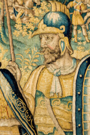 Schloss Bruchsal - Hauptbau / Corps de Logis - Von innen - Beletage - Gelbes Zimmer - Ostwand, südliche Seite - Ausschnitt (rechts der Mitte) aus der Tapisserie "Kriegsszene" aus der sechsteiligen Folge mit Szenen aus dem Alten Testament (hier: unklare Episode aus dem Alten Testament über eine kriegerische Auseinandersetzung ; Inv.Nr. G 113; Höhe x Breite: 277 cm x 388 cm; hergestellt von Martin II Reymbouts in Brüssel, um 1600; restauriert 1961/63 und nach 2007) (aufgenommen im Dezember 2020, am Nachmittag) Schloss Bruchsal - Hauptbau / Corps de Logis - Von innen - Beletage - Gelbes Zimmer - Ostwand, südliche Seite - Ausschnitt (rechts der Mitte) aus der Tapisserie "Kriegsszene" aus der sechsteiligen Folge mit Szenen aus dem Alten Testament (hier: unklare Episode aus dem Alten Testament über eine kriegerische Auseinandersetzung ; Inv.Nr. G 113; Höhe x Breite: 277 cm x 388 cm; hergestellt von Martin II Reymbouts in Brüssel, um 1600; restauriert 1961/63 und nach 2007) (aufgenommen im Dezember 2020, am Nachmittag)