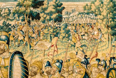 Schloss Bruchsal - Hauptbau / Corps de Logis - Von innen - Beletage - Gelbes Zimmer - Ostwand, südliche Seite - Ausschnitt (oben, rechts) der Tapisserie "Kriegsszene" aus der sechsteiligen Folge mit Szenen aus dem Alten Testament (hier: unklare Episode aus dem Alten Testament über eine kriegerische Auseinandersetzung ; Inv.Nr. G 113; Höhe x Breite: 277 cm x 388 cm; hergestellt von Martin II Reymbouts in Brüssel, um 1600; restauriert 1961/63 und nach 2007) (aufgenommen im Dezember 2020, am späten Vormittag) Schloss Bruchsal - Hauptbau / Corps de Logis - Von innen - Beletage - Gelbes Zimmer - Ostwand, südliche Seite - Ausschnitt (oben, rechts) der Tapisserie "Kriegsszene" aus der sechsteiligen Folge mit Szenen aus dem Alten Testament (hier: unklare Episode aus dem Alten Testament über eine kriegerische Auseinandersetzung ; Inv.Nr. G 113; Höhe x Breite: 277 cm x 388 cm; hergestellt von Martin II Reymbouts in Brüssel, um 1600; restauriert 1961/63 und nach 2007) (aufgenommen im Dezember 2020, am späten Vormittag)