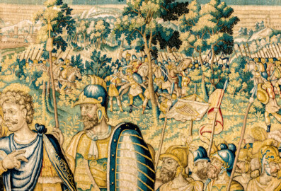 Schloss Bruchsal - Hauptbau / Corps de Logis - Von innen - Beletage - Gelbes Zimmer - Ostwand, südliche Seite - Ausschnitt (oben, Mitte) der Tapisserie "Kriegsszene" aus der sechsteiligen Folge mit Szenen aus dem Alten Testament (hier: unklare Episode aus dem Alten Testament über eine kriegerische Auseinandersetzung ; Inv.Nr. G 113; Höhe x Breite: 277 cm x 388 cm; hergestellt von Martin II Reymbouts in Brüssel, um 1600; restauriert 1961/63 und nach 2007) (aufgenommen im Dezember 2020, am späten Vormittag) Schloss Bruchsal - Hauptbau / Corps de Logis - Von innen - Beletage - Gelbes Zimmer - Ostwand, südliche Seite - Ausschnitt (oben, Mitte) der Tapisserie "Kriegsszene" aus der sechsteiligen Folge mit Szenen aus dem Alten Testament (hier: unklare Episode aus dem Alten Testament über eine kriegerische Auseinandersetzung ; Inv.Nr. G 113; Höhe x Breite: 277 cm x 388 cm; hergestellt von Martin II Reymbouts in Brüssel, um 1600; restauriert 1961/63 und nach 2007) (aufgenommen im Dezember 2020, am späten Vormittag)