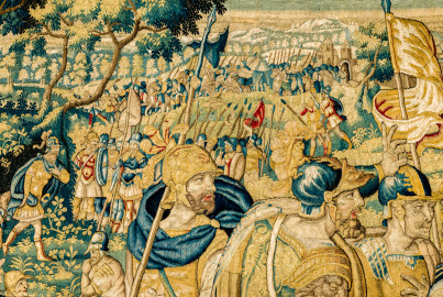 Schloss Bruchsal - Hauptbau / Corps de Logis - Von innen - Beletage - Gelbes Zimmer - Ostwand, südliche Seite - Ausschnitt (oben, links) der Tapisserie "Kriegsszene" aus der sechsteiligen Folge mit Szenen aus dem Alten Testament (hier: unklare Episode aus dem Alten Testament über eine kriegerische Auseinandersetzung ; Inv.Nr. G 113; Höhe x Breite: 277 cm x 388 cm; hergestellt von Martin II Reymbouts in Brüssel, um 1600; restauriert 1961/63 und nach 2007) (aufgenommen im Dezember 2020, am späten Vormittag) Schloss Bruchsal - Hauptbau / Corps de Logis - Von innen - Beletage - Gelbes Zimmer - Ostwand, südliche Seite - Ausschnitt (oben, links) der Tapisserie "Kriegsszene" aus der sechsteiligen Folge mit Szenen aus dem Alten Testament (hier: unklare Episode aus dem Alten Testament über eine kriegerische Auseinandersetzung ; Inv.Nr. G 113; Höhe x Breite: 277 cm x 388 cm; hergestellt von Martin II Reymbouts in Brüssel, um 1600; restauriert 1961/63 und nach 2007) (aufgenommen im Dezember 2020, am späten Vormittag)