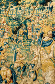 Schloss Bruchsal - Hauptbau / Corps de Logis - Von innen - Beletage - Gelbes Zimmer - Ostwand, südliche Seite - Ausschnitt (linke Seite) der Tapisserie "Kriegsszene" aus der sechsteiligen Folge mit Szenen aus dem Alten Testament (hier: unklare Episode aus dem Alten Testament über eine kriegerische Auseinandersetzung ; Inv.Nr. G 113; Höhe x Breite: 277 cm x 388 cm; hergestellt von Martin II Reymbouts in Brüssel, um 1600; restauriert 1961/63 und nach 2007) (aufgenommen im Dezember 2020, um die Mittagszeit) Schloss Bruchsal - Hauptbau / Corps de Logis - Von innen - Beletage - Gelbes Zimmer - Ostwand, südliche Seite - Ausschnitt (linke Seite) der Tapisserie "Kriegsszene" aus der sechsteiligen Folge mit Szenen aus dem Alten Testament (hier: unklare Episode aus dem Alten Testament über eine kriegerische Auseinandersetzung ; Inv.Nr. G 113; Höhe x Breite: 277 cm x 388 cm; hergestellt von Martin II Reymbouts in Brüssel, um 1600; restauriert 1961/63 und nach 2007) (aufgenommen im Dezember 2020, um die Mittagszeit)