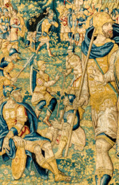 Schloss Bruchsal - Hauptbau / Corps de Logis - Von innen - Beletage - Gelbes Zimmer - Ostwand, südliche Seite - Ausschnitt (linke Seite) der Tapisserie "Kriegsszene" aus der sechsteiligen Folge mit Szenen aus dem Alten Testament (hier: unklare Episode aus dem Alten Testament über eine kriegerische Auseinandersetzung ; Inv.Nr. G 113; Höhe x Breite: 277 cm x 388 cm; hergestellt von Martin II Reymbouts in Brüssel, um 1600; restauriert 1961/63 und nach 2007) (aufgenommen im Dezember 2020, um die Mittagszeit) Schloss Bruchsal - Hauptbau / Corps de Logis - Von innen - Beletage - Gelbes Zimmer - Ostwand, südliche Seite - Ausschnitt (linke Seite) der Tapisserie "Kriegsszene" aus der sechsteiligen Folge mit Szenen aus dem Alten Testament (hier: unklare Episode aus dem Alten Testament über eine kriegerische Auseinandersetzung ; Inv.Nr. G 113; Höhe x Breite: 277 cm x 388 cm; hergestellt von Martin II Reymbouts in Brüssel, um 1600; restauriert 1961/63 und nach 2007) (aufgenommen im Dezember 2020, um die Mittagszeit)