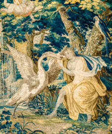 Schloss Bruchsal - Hauptbau / Corps de Logis - Von innen - Beletage - Blaues Zimmer - Nördliche Wand - Ausschnitt aus der Tapisserie "Leda mit dem Schwan" aus der Serie "Die Verwandlungen des Jupiter" (hergestellt in Flandern zwischen 1650 und 1675; Inv.Nr. G 126; Höhe x Breite 344 cm x 352 cm; restauriert 1963 und nach 2007) (aufgenommen im Dezember 2020, am frühen Nachmittag) Schloss Bruchsal - Hauptbau / Corps de Logis - Von innen - Beletage - Blaues Zimmer - Nördliche Wand - Ausschnitt aus der Tapisserie "Leda mit dem Schwan" aus der Serie "Die Verwandlungen des Jupiter" (hergestellt in Flandern zwischen 1650 und 1675; Inv.Nr. G 126; Höhe x Breite 344 cm x 352 cm; restauriert 1963 und nach 2007) (aufgenommen im Dezember 2020, am frühen Nachmittag)