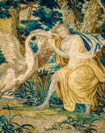 Schloss Bruchsal - Hauptbau / Corps de Logis - Von innen - Beletage - Blaues Zimmer - Nördliche Wand - Ausschnitt aus der Tapisserie "Leda mit dem Schwan" aus der Serie "Die Verwandlungen des Jupiter" (hergestellt in Flandern zwischen 1650 und 1675; Inv.Nr. G 126; Höhe x Breite 344 cm x 352 cm; restauriert 1963 und nach 2007) (aufgenommen im Dezember 2020, am Nachmittag) Schloss Bruchsal - Hauptbau / Corps de Logis - Von innen - Beletage - Blaues Zimmer - Nördliche Wand - Ausschnitt aus der Tapisserie "Leda mit dem Schwan" aus der Serie "Die Verwandlungen des Jupiter" (hergestellt in Flandern zwischen 1650 und 1675; Inv.Nr. G 126; Höhe x Breite 344 cm x 352 cm; restauriert 1963 und nach 2007) (aufgenommen im Dezember 2020, am Nachmittag)