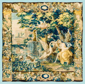 Schloss Bruchsal - Hauptbau / Corps de Logis - Von innen - Beletage - Blaues Zimmer - Nördliche Wand - Tapisserie "Leda mit dem Schwan" aus der Serie "Die Verwandlungen des Jupiter" (hergestellt in Flandern zwischen 1650 und 1675; Inv.Nr. G 126; Höhe x Breite 344 cm x 352 cm; restauriert 1963 und nach 2007) (aufgenommen im Dezember 2020, am Nachmittag) Schloss Bruchsal - Hauptbau / Corps de Logis - Von innen - Beletage - Blaues Zimmer - Nördliche Wand - Tapisserie "Leda mit dem Schwan" aus der Serie "Die Verwandlungen des Jupiter" (hergestellt in Flandern zwischen 1650 und 1675; Inv.Nr. G 126; Höhe x Breite 344 cm x 352 cm; restauriert 1963 und nach 2007) (aufgenommen im Dezember 2020, am Nachmittag)