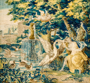 Schloss Bruchsal - Hauptbau / Corps de Logis - Von innen - Beletage - Blaues Zimmer - Nördliche Wand - Ausschnitt (ohne Bordüre) aus der Tapisserie "Leda mit dem Schwan" aus der Serie "Die Verwandlungen des Jupiter" (hergestellt in Flandern zwischen 1650 und 1675; Inv.Nr. G 126; Höhe x Breite 344 cm x 352 cm; restauriert 1963 und nach 2007) (aufgenommen im Dezember 2020, am Nachmittag) Schloss Bruchsal - Hauptbau / Corps de Logis - Von innen - Beletage - Blaues Zimmer - Nördliche Wand - Ausschnitt (ohne Bordüre) aus der Tapisserie "Leda mit dem Schwan" aus der Serie "Die Verwandlungen des Jupiter" (hergestellt in Flandern zwischen 1650 und 1675; Inv.Nr. G 126; Höhe x Breite 344 cm x 352 cm; restauriert 1963 und nach 2007) (aufgenommen im Dezember 2020, am Nachmittag)