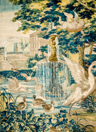 Schloss Bruchsal - Hauptbau / Corps de Logis - Von innen - Beletage - Blaues Zimmer - Nördliche Wand - Ausschnitt aus der Tapisserie "Leda mit dem Schwan" aus der Serie "Die Verwandlungen des Jupiter" (hergestellt in Flandern zwischen 1650 und 1675; Inv.Nr. G 126; Höhe x Breite 344 cm x 352 cm; restauriert 1963 und nach 2007) (aufgenommen im Dezember 2020, am Nachmittag) Schloss Bruchsal - Hauptbau / Corps de Logis - Von innen - Beletage - Blaues Zimmer - Nördliche Wand - Ausschnitt aus der Tapisserie "Leda mit dem Schwan" aus der Serie "Die Verwandlungen des Jupiter" (hergestellt in Flandern zwischen 1650 und 1675; Inv.Nr. G 126; Höhe x Breite 344 cm x 352 cm; restauriert 1963 und nach 2007) (aufgenommen im Dezember 2020, am Nachmittag)