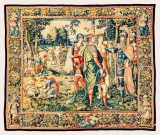 Schloss Bruchsal - Hauptbau / Corps de Logis - Von innen - Beletage - Arbeitszimmer - Nordwand, westliche Seite - Tapisserie "David schickt Botschafter zu Nabal" aus dem fünfteiligen Zyklus "Die Geschichte von David und Abigail" (Begebenheit aus dem Alten Testament, 1. Buch Samuel, Kapitel 25) (Inv.Nr. G 110; Höhe x Breite: 282 cm x 344 cm; Marke / Signatur: dreiblättriges Kleeblatt (rechte untere Ecke der Bordüre); hergestellt vermutlich in Brüssel, 3. Viertel des 16. Jahrhunderts; restauriert 1959/66 und nach 2007) (aufgenommen im Dezember 2020, am späten Vormittag) Schloss Bruchsal - Hauptbau / Corps de Logis - Von innen - Beletage - Arbeitszimmer - Nordwand, westliche Seite - Tapisserie "David schickt Botschafter zu Nabal" aus dem fünfteiligen Zyklus "Die Geschichte von David und Abigail" (Begebenheit aus dem Alten Testament, 1. Buch Samuel, Kapitel 25) (Inv.Nr. G 110; Höhe x Breite: 282 cm x 344 cm; Marke / Signatur: dreiblättriges Kleeblatt (rechte untere Ecke der Bordüre); hergestellt vermutlich in Brüssel, 3. Viertel des 16. Jahrhunderts; restauriert 1959/66 und nach 2007) (aufgenommen im Dezember 2020, am späten Vormittag)
