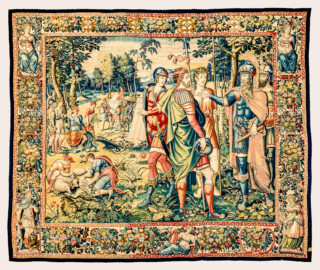 Schloss Bruchsal - Hauptbau / Corps de Logis - Von innen - Beletage - Arbeitszimmer - Nordwand, westliche Seite - Tapisserie "David schickt Botschafter zu Nabal" aus dem fünfteiligen Zyklus "Die Geschichte von David und Abigail" (Begebenheit aus dem Alten Testament, 1. Buch Samuel, Kapitel 25) (Inv.Nr. G 110; Höhe x Breite: 282 cm x 344 cm; Marke / Signatur: dreiblättriges Kleeblatt (rechte untere Ecke der Bordüre); hergestellt vermutlich in Brüssel, 3. Viertel des 16. Jahrhunderts; restauriert 1959/66 und nach 2007) (aufgenommen im Dezember 2020, am späten Vormittag) Schloss Bruchsal - Hauptbau / Corps de Logis - Von innen - Beletage - Arbeitszimmer - Nordwand, westliche Seite - Tapisserie "David schickt Botschafter zu Nabal" aus dem fünfteiligen Zyklus "Die Geschichte von David und Abigail" (Begebenheit aus dem Alten Testament, 1. Buch Samuel, Kapitel 25) (Inv.Nr. G 110; Höhe x Breite: 282 cm x 344 cm; Marke / Signatur: dreiblättriges Kleeblatt (rechte untere Ecke der Bordüre); hergestellt vermutlich in Brüssel, 3. Viertel des 16. Jahrhunderts; restauriert 1959/66 und nach 2007) (aufgenommen im Dezember 2020, am späten Vormittag)