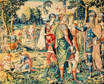 Schloss Bruchsal - Hauptbau / Corps de Logis - Von innen - Beletage - Arbeitszimmer - Nordwand, westliche Seite - Ausschnitt (ohne Bordüre) aus der Tapisserie "David schickt Botschafter zu Nabal" aus dem fünfteiligen Zyklus "Die Geschichte von David und Abigail" (Begebenheit aus dem Alten Testament, 1. Buch Samuel, Kapitel 25) (Inv.Nr. G 110; Höhe x Breite: 282 cm x 344 cm; Marke / Signatur: dreiblättriges Kleeblatt (rechte untere Ecke der Bordüre); hergestellt vermutlich in Brüssel, 3. Viertel des 16. Jahrhunderts; restauriert 1959/66 und nach 2007) (aufgenommen im Dezember 2020, am späten Vormittag) Schloss Bruchsal - Hauptbau / Corps de Logis - Von innen - Beletage - Arbeitszimmer - Nordwand, westliche Seite - Ausschnitt (ohne Bordüre) aus der Tapisserie "David schickt Botschafter zu Nabal" aus dem fünfteiligen Zyklus "Die Geschichte von David und Abigail" (Begebenheit aus dem Alten Testament, 1. Buch Samuel, Kapitel 25) (Inv.Nr. G 110; Höhe x Breite: 282 cm x 344 cm; Marke / Signatur: dreiblättriges Kleeblatt (rechte untere Ecke der Bordüre); hergestellt vermutlich in Brüssel, 3. Viertel des 16. Jahrhunderts; restauriert 1959/66 und nach 2007) (aufgenommen im Dezember 2020, am späten Vormittag)