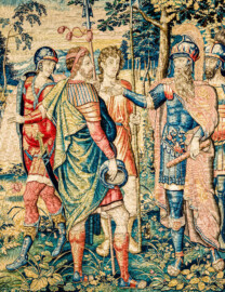 Schloss Bruchsal - Hauptbau / Corps de Logis - Von innen - Beletage - Arbeitszimmer - Nordwand, westliche Seite - Ausschnitt (rechts) aus der Tapisserie "David schickt Botschafter zu Nabal" aus dem fünfteiligen Zyklus "Die Geschichte von David und Abigail" (Begebenheit aus dem Alten Testament, 1. Buch Samuel, Kapitel 25) (Inv.Nr. G 110; Höhe x Breite: 282 cm x 344 cm; Marke / Signatur: dreiblättriges Kleeblatt (rechte untere Ecke der Bordüre); hergestellt vermutlich in Brüssel, 3. Viertel des 16. Jahrhunderts; restauriert 1959/66 und nach 2007) (aufgenommen im Dezember 2020, am späten Vormittag) Schloss Bruchsal - Hauptbau / Corps de Logis - Von innen - Beletage - Arbeitszimmer - Nordwand, westliche Seite - Ausschnitt (rechts) aus der Tapisserie "David schickt Botschafter zu Nabal" aus dem fünfteiligen Zyklus "Die Geschichte von David und Abigail" (Begebenheit aus dem Alten Testament, 1. Buch Samuel, Kapitel 25) (Inv.Nr. G 110; Höhe x Breite: 282 cm x 344 cm; Marke / Signatur: dreiblättriges Kleeblatt (rechte untere Ecke der Bordüre); hergestellt vermutlich in Brüssel, 3. Viertel des 16. Jahrhunderts; restauriert 1959/66 und nach 2007) (aufgenommen im Dezember 2020, am späten Vormittag)