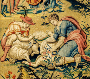 Schloss Bruchsal - Hauptbau / Corps de Logis - Von innen - Beletage - Arbeitszimmer - Nordwand, westliche Seite - Ausschnitt (links unten) aus der Tapisserie "David schickt Botschafter zu Nabal" aus dem fünfteiligen Zyklus "Die Geschichte von David und Abigail" (Begebenheit aus dem Alten Testament, 1. Buch Samuel, Kapitel 25) (Inv.Nr. G 110; Höhe x Breite: 282 cm x 344 cm; Marke / Signatur: dreiblättriges Kleeblatt (rechte untere Ecke der Bordüre); hergestellt vermutlich in Brüssel, 3. Viertel des 16. Jahrhunderts; restauriert 1959/66 und nach 2007) (aufgenommen im Dezember 2020, um die Mittagszeit) Schloss Bruchsal - Hauptbau / Corps de Logis - Von innen - Beletage - Arbeitszimmer - Nordwand, westliche Seite - Ausschnitt (links unten) aus der Tapisserie "David schickt Botschafter zu Nabal" aus dem fünfteiligen Zyklus "Die Geschichte von David und Abigail" (Begebenheit aus dem Alten Testament, 1. Buch Samuel, Kapitel 25) (Inv.Nr. G 110; Höhe x Breite: 282 cm x 344 cm; Marke / Signatur: dreiblättriges Kleeblatt (rechte untere Ecke der Bordüre); hergestellt vermutlich in Brüssel, 3. Viertel des 16. Jahrhunderts; restauriert 1959/66 und nach 2007) (aufgenommen im Dezember 2020, um die Mittagszeit)