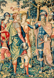 Schloss Bruchsal - Hauptbau / Corps de Logis - Von innen - Beletage - Arbeitszimmer - Nordwand, westliche Seite - Ausschnitt (rechts) aus der Tapisserie "David schickt Botschafter zu Nabal" aus dem fünfteiligen Zyklus "Die Geschichte von David und Abigail" (Begebenheit aus dem Alten Testament, 1. Buch Samuel, Kapitel 25) (Inv.Nr. G 110; Höhe x Breite: 282 cm x 344 cm; Marke / Signatur: dreiblättriges Kleeblatt (rechte untere Ecke der Bordüre); hergestellt vermutlich in Brüssel, 3. Viertel des 16. Jahrhunderts; restauriert 1959/66 und nach 2007) (aufgenommen im Dezember 2020, am frühen Nachmittag) Schloss Bruchsal - Hauptbau / Corps de Logis - Von innen - Beletage - Arbeitszimmer - Nordwand, westliche Seite - Ausschnitt (rechts) aus der Tapisserie "David schickt Botschafter zu Nabal" aus dem fünfteiligen Zyklus "Die Geschichte von David und Abigail" (Begebenheit aus dem Alten Testament, 1. Buch Samuel, Kapitel 25) (Inv.Nr. G 110; Höhe x Breite: 282 cm x 344 cm; Marke / Signatur: dreiblättriges Kleeblatt (rechte untere Ecke der Bordüre); hergestellt vermutlich in Brüssel, 3. Viertel des 16. Jahrhunderts; restauriert 1959/66 und nach 2007) (aufgenommen im Dezember 2020, am frühen Nachmittag)