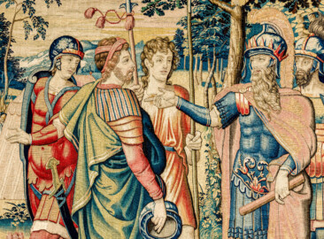 Schloss Bruchsal - Hauptbau / Corps de Logis - Von innen - Beletage - Arbeitszimmer - Nordwand, westliche Seite - Ausschnitt (rechts) aus der Tapisserie "David schickt Botschafter zu Nabal" aus dem fünfteiligen Zyklus "Die Geschichte von David und Abigail" (Begebenheit aus dem Alten Testament, 1. Buch Samuel, Kapitel 25) (Inv.Nr. G 110; Höhe x Breite: 282 cm x 344 cm; Marke / Signatur: dreiblättriges Kleeblatt (rechte untere Ecke der Bordüre); hergestellt vermutlich in Brüssel, 3. Viertel des 16. Jahrhunderts; restauriert 1959/66 und nach 2007) (aufgenommen im Dezember 2020, am Nachmittag) Schloss Bruchsal - Hauptbau / Corps de Logis - Von innen - Beletage - Arbeitszimmer - Nordwand, westliche Seite - Ausschnitt (rechts) aus der Tapisserie "David schickt Botschafter zu Nabal" aus dem fünfteiligen Zyklus "Die Geschichte von David und Abigail" (Begebenheit aus dem Alten Testament, 1. Buch Samuel, Kapitel 25) (Inv.Nr. G 110; Höhe x Breite: 282 cm x 344 cm; Marke / Signatur: dreiblättriges Kleeblatt (rechte untere Ecke der Bordüre); hergestellt vermutlich in Brüssel, 3. Viertel des 16. Jahrhunderts; restauriert 1959/66 und nach 2007) (aufgenommen im Dezember 2020, am Nachmittag)