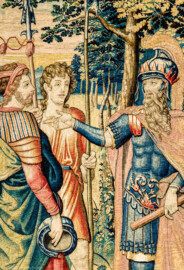 Schloss Bruchsal - Hauptbau / Corps de Logis - Von innen - Beletage - Arbeitszimmer - Nordwand, westliche Seite - Ausschnitt (rechts) aus der Tapisserie "David schickt Botschafter zu Nabal" aus dem fünfteiligen Zyklus "Die Geschichte von David und Abigail" (Begebenheit aus dem Alten Testament, 1. Buch Samuel, Kapitel 25) (Inv.Nr. G 110; Höhe x Breite: 282 cm x 344 cm; Marke / Signatur: dreiblättriges Kleeblatt (rechte untere Ecke der Bordüre); hergestellt vermutlich in Brüssel, 3. Viertel des 16. Jahrhunderts; restauriert 1959/66 und nach 2007) (aufgenommen im Dezember 2020, am Nachmittag) Schloss Bruchsal - Hauptbau / Corps de Logis - Von innen - Beletage - Arbeitszimmer - Nordwand, westliche Seite - Ausschnitt (rechts) aus der Tapisserie "David schickt Botschafter zu Nabal" aus dem fünfteiligen Zyklus "Die Geschichte von David und Abigail" (Begebenheit aus dem Alten Testament, 1. Buch Samuel, Kapitel 25) (Inv.Nr. G 110; Höhe x Breite: 282 cm x 344 cm; Marke / Signatur: dreiblättriges Kleeblatt (rechte untere Ecke der Bordüre); hergestellt vermutlich in Brüssel, 3. Viertel des 16. Jahrhunderts; restauriert 1959/66 und nach 2007) (aufgenommen im Dezember 2020, am Nachmittag)