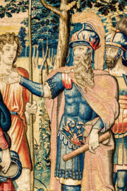 Schloss Bruchsal - Hauptbau / Corps de Logis - Von innen - Beletage - Arbeitszimmer - Nordwand, westliche Seite - Ausschnitt (rechts) aus der Tapisserie "David schickt Botschafter zu Nabal" aus dem fünfteiligen Zyklus "Die Geschichte von David und Abigail" (Begebenheit aus dem Alten Testament, 1. Buch Samuel, Kapitel 25) (Inv.Nr. G 110; Höhe x Breite: 282 cm x 344 cm; Marke / Signatur: dreiblättriges Kleeblatt (rechte untere Ecke der Bordüre); hergestellt vermutlich in Brüssel, 3. Viertel des 16. Jahrhunderts; restauriert 1959/66 und nach 2007) (aufgenommen im Dezember 2020, am Nachmittag) Schloss Bruchsal - Hauptbau / Corps de Logis - Von innen - Beletage - Arbeitszimmer - Nordwand, westliche Seite - Ausschnitt (rechts) aus der Tapisserie "David schickt Botschafter zu Nabal" aus dem fünfteiligen Zyklus "Die Geschichte von David und Abigail" (Begebenheit aus dem Alten Testament, 1. Buch Samuel, Kapitel 25) (Inv.Nr. G 110; Höhe x Breite: 282 cm x 344 cm; Marke / Signatur: dreiblättriges Kleeblatt (rechte untere Ecke der Bordüre); hergestellt vermutlich in Brüssel, 3. Viertel des 16. Jahrhunderts; restauriert 1959/66 und nach 2007) (aufgenommen im Dezember 2020, am Nachmittag)