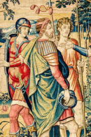 Schloss Bruchsal - Hauptbau / Corps de Logis - Von innen - Beletage - Arbeitszimmer - Nordwand, westliche Seite - Ausschnitt (rechts) aus der Tapisserie "David schickt Botschafter zu Nabal" aus dem fünfteiligen Zyklus "Die Geschichte von David und Abigail" (Begebenheit aus dem Alten Testament, 1. Buch Samuel, Kapitel 25) (Inv.Nr. G 110; Höhe x Breite: 282 cm x 344 cm; Marke / Signatur: dreiblättriges Kleeblatt (rechte untere Ecke der Bordüre); hergestellt vermutlich in Brüssel, 3. Viertel des 16. Jahrhunderts; restauriert 1959/66 und nach 2007) (aufgenommen im Dezember 2020, am Nachmittag) Schloss Bruchsal - Hauptbau / Corps de Logis - Von innen - Beletage - Arbeitszimmer - Nordwand, westliche Seite - Ausschnitt (rechts) aus der Tapisserie "David schickt Botschafter zu Nabal" aus dem fünfteiligen Zyklus "Die Geschichte von David und Abigail" (Begebenheit aus dem Alten Testament, 1. Buch Samuel, Kapitel 25) (Inv.Nr. G 110; Höhe x Breite: 282 cm x 344 cm; Marke / Signatur: dreiblättriges Kleeblatt (rechte untere Ecke der Bordüre); hergestellt vermutlich in Brüssel, 3. Viertel des 16. Jahrhunderts; restauriert 1959/66 und nach 2007) (aufgenommen im Dezember 2020, am Nachmittag)