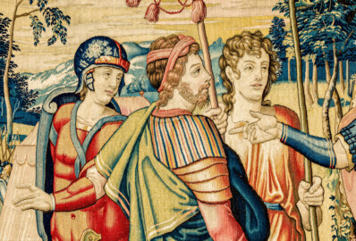 Schloss Bruchsal - Hauptbau / Corps de Logis - Von innen - Beletage - Arbeitszimmer - Nordwand, westliche Seite - Ausschnitt (rechts) aus der Tapisserie "David schickt Botschafter zu Nabal" aus dem fünfteiligen Zyklus "Die Geschichte von David und Abigail" (Begebenheit aus dem Alten Testament, 1. Buch Samuel, Kapitel 25) (Inv.Nr. G 110; Höhe x Breite: 282 cm x 344 cm; Marke / Signatur: dreiblättriges Kleeblatt (rechte untere Ecke der Bordüre); hergestellt vermutlich in Brüssel, 3. Viertel des 16. Jahrhunderts; restauriert 1959/66 und nach 2007) (aufgenommen im Dezember 2020, am Nachmittag) Schloss Bruchsal - Hauptbau / Corps de Logis - Von innen - Beletage - Arbeitszimmer - Nordwand, westliche Seite - Ausschnitt (rechts) aus der Tapisserie "David schickt Botschafter zu Nabal" aus dem fünfteiligen Zyklus "Die Geschichte von David und Abigail" (Begebenheit aus dem Alten Testament, 1. Buch Samuel, Kapitel 25) (Inv.Nr. G 110; Höhe x Breite: 282 cm x 344 cm; Marke / Signatur: dreiblättriges Kleeblatt (rechte untere Ecke der Bordüre); hergestellt vermutlich in Brüssel, 3. Viertel des 16. Jahrhunderts; restauriert 1959/66 und nach 2007) (aufgenommen im Dezember 2020, am Nachmittag)