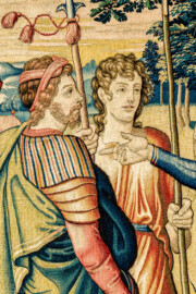 Schloss Bruchsal - Hauptbau / Corps de Logis - Von innen - Beletage - Arbeitszimmer - Nordwand, westliche Seite - Ausschnitt (rechts) aus der Tapisserie "David schickt Botschafter zu Nabal" aus dem fünfteiligen Zyklus "Die Geschichte von David und Abigail" (Begebenheit aus dem Alten Testament, 1. Buch Samuel, Kapitel 25) (Inv.Nr. G 110; Höhe x Breite: 282 cm x 344 cm; Marke / Signatur: dreiblättriges Kleeblatt (rechte untere Ecke der Bordüre); hergestellt vermutlich in Brüssel, 3. Viertel des 16. Jahrhunderts; restauriert 1959/66 und nach 2007) (aufgenommen im Dezember 2020, am Nachmittag) Schloss Bruchsal - Hauptbau / Corps de Logis - Von innen - Beletage - Arbeitszimmer - Nordwand, westliche Seite - Ausschnitt (rechts) aus der Tapisserie "David schickt Botschafter zu Nabal" aus dem fünfteiligen Zyklus "Die Geschichte von David und Abigail" (Begebenheit aus dem Alten Testament, 1. Buch Samuel, Kapitel 25) (Inv.Nr. G 110; Höhe x Breite: 282 cm x 344 cm; Marke / Signatur: dreiblättriges Kleeblatt (rechte untere Ecke der Bordüre); hergestellt vermutlich in Brüssel, 3. Viertel des 16. Jahrhunderts; restauriert 1959/66 und nach 2007) (aufgenommen im Dezember 2020, am Nachmittag)