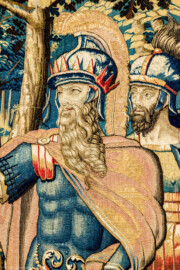 Schloss Bruchsal - Hauptbau / Corps de Logis - Von innen - Beletage - Arbeitszimmer - Nordwand, westliche Seite - Ausschnitt (rechts) aus der Tapisserie "David schickt Botschafter zu Nabal" aus dem fünfteiligen Zyklus "Die Geschichte von David und Abigail" (Begebenheit aus dem Alten Testament, 1. Buch Samuel, Kapitel 25) (Inv.Nr. G 110; Höhe x Breite: 282 cm x 344 cm; Marke / Signatur: dreiblättriges Kleeblatt (rechte untere Ecke der Bordüre); hergestellt vermutlich in Brüssel, 3. Viertel des 16. Jahrhunderts; restauriert 1959/66 und nach 2007) (aufgenommen im Dezember 2020, am Nachmittag) Schloss Bruchsal - Hauptbau / Corps de Logis - Von innen - Beletage - Arbeitszimmer - Nordwand, westliche Seite - Ausschnitt (rechts) aus der Tapisserie "David schickt Botschafter zu Nabal" aus dem fünfteiligen Zyklus "Die Geschichte von David und Abigail" (Begebenheit aus dem Alten Testament, 1. Buch Samuel, Kapitel 25) (Inv.Nr. G 110; Höhe x Breite: 282 cm x 344 cm; Marke / Signatur: dreiblättriges Kleeblatt (rechte untere Ecke der Bordüre); hergestellt vermutlich in Brüssel, 3. Viertel des 16. Jahrhunderts; restauriert 1959/66 und nach 2007) (aufgenommen im Dezember 2020, am Nachmittag)