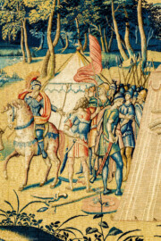 Schloss Bruchsal - Hauptbau / Corps de Logis - Von innen - Beletage - Arbeitszimmer - Nordwand, westliche Seite - Ausschnitt (links) aus der Tapisserie "David schickt Botschafter zu Nabal" aus dem fünfteiligen Zyklus "Die Geschichte von David und Abigail" (Begebenheit aus dem Alten Testament, 1. Buch Samuel, Kapitel 25) (Inv.Nr. G 110; Höhe x Breite: 282 cm x 344 cm; Marke / Signatur: dreiblättriges Kleeblatt (rechte untere Ecke der Bordüre); hergestellt vermutlich in Brüssel, 3. Viertel des 16. Jahrhunderts; restauriert 1959/66 und nach 2007) (aufgenommen im Dezember 2020, am Nachmittag) Schloss Bruchsal - Hauptbau / Corps de Logis - Von innen - Beletage - Arbeitszimmer - Nordwand, westliche Seite - Ausschnitt (links) aus der Tapisserie "David schickt Botschafter zu Nabal" aus dem fünfteiligen Zyklus "Die Geschichte von David und Abigail" (Begebenheit aus dem Alten Testament, 1. Buch Samuel, Kapitel 25) (Inv.Nr. G 110; Höhe x Breite: 282 cm x 344 cm; Marke / Signatur: dreiblättriges Kleeblatt (rechte untere Ecke der Bordüre); hergestellt vermutlich in Brüssel, 3. Viertel des 16. Jahrhunderts; restauriert 1959/66 und nach 2007) (aufgenommen im Dezember 2020, am Nachmittag)