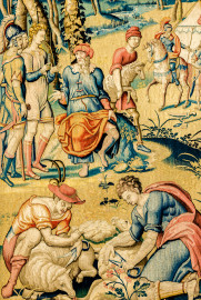 Schloss Bruchsal - Hauptbau / Corps de Logis - Von innen - Beletage - Arbeitszimmer - Nordwand, westliche Seite - Ausschnitt (links) aus der Tapisserie "David schickt Botschafter zu Nabal" aus dem fünfteiligen Zyklus "Die Geschichte von David und Abigail" (Begebenheit aus dem Alten Testament, 1. Buch Samuel, Kapitel 25) (Inv.Nr. G 110; Höhe x Breite: 282 cm x 344 cm; Marke / Signatur: dreiblättriges Kleeblatt (rechte untere Ecke der Bordüre); hergestellt vermutlich in Brüssel, 3. Viertel des 16. Jahrhunderts; restauriert 1959/66 und nach 2007) (aufgenommen im Dezember 2020, am Nachmittag) Schloss Bruchsal - Hauptbau / Corps de Logis - Von innen - Beletage - Arbeitszimmer - Nordwand, westliche Seite - Ausschnitt (links) aus der Tapisserie "David schickt Botschafter zu Nabal" aus dem fünfteiligen Zyklus "Die Geschichte von David und Abigail" (Begebenheit aus dem Alten Testament, 1. Buch Samuel, Kapitel 25) (Inv.Nr. G 110; Höhe x Breite: 282 cm x 344 cm; Marke / Signatur: dreiblättriges Kleeblatt (rechte untere Ecke der Bordüre); hergestellt vermutlich in Brüssel, 3. Viertel des 16. Jahrhunderts; restauriert 1959/66 und nach 2007) (aufgenommen im Dezember 2020, am Nachmittag)