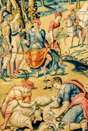 Schloss Bruchsal - Hauptbau / Corps de Logis - Von innen - Beletage - Arbeitszimmer - Nordwand, westliche Seite - Ausschnitt (links) aus der Tapisserie "David schickt Botschafter zu Nabal" aus dem fünfteiligen Zyklus "Die Geschichte von David und Abigail" (Begebenheit aus dem Alten Testament, 1. Buch Samuel, Kapitel 25) (Inv.Nr. G 110; Höhe x Breite: 282 cm x 344 cm; Marke / Signatur: dreiblättriges Kleeblatt (rechte untere Ecke der Bordüre); hergestellt vermutlich in Brüssel, 3. Viertel des 16. Jahrhunderts; restauriert 1959/66 und nach 2007) (aufgenommen im Dezember 2020, am Nachmittag) Schloss Bruchsal - Hauptbau / Corps de Logis - Von innen - Beletage - Arbeitszimmer - Nordwand, westliche Seite - Ausschnitt (links) aus der Tapisserie "David schickt Botschafter zu Nabal" aus dem fünfteiligen Zyklus "Die Geschichte von David und Abigail" (Begebenheit aus dem Alten Testament, 1. Buch Samuel, Kapitel 25) (Inv.Nr. G 110; Höhe x Breite: 282 cm x 344 cm; Marke / Signatur: dreiblättriges Kleeblatt (rechte untere Ecke der Bordüre); hergestellt vermutlich in Brüssel, 3. Viertel des 16. Jahrhunderts; restauriert 1959/66 und nach 2007) (aufgenommen im Dezember 2020, am Nachmittag)