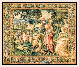 Schloss Bruchsal - Hauptbau / Corps de Logis - Von innen - Beletage - Arbeitszimmer - Nordwand, östliche Seite - Tapisserie "David lässt um Abigail werben" aus dem fünfteiligen Zyklus "Die Geschichte von David und Abigail" (Begebenheit aus dem Alten Testament, 1. Buch Samuel, Kapitel 25) (Inv.Nr. G 111; Höhe x Breite: 283 cm x 337 cm; hergestellt vermutlich in Brüssel, 3. Viertel des 16. Jahrhunderts; restauriert 1961 und nach 2007) (aufgenommen im Dezember 2020, am späten Vormittag) Schloss Bruchsal - Hauptbau / Corps de Logis - Von innen - Beletage - Arbeitszimmer - Nordwand, östliche Seite - Tapisserie "David lässt um Abigail werben" aus dem fünfteiligen Zyklus "Die Geschichte von David und Abigail" (Begebenheit aus dem Alten Testament, 1. Buch Samuel, Kapitel 25) (Inv.Nr. G 111; Höhe x Breite: 283 cm x 337 cm; hergestellt vermutlich in Brüssel, 3. Viertel des 16. Jahrhunderts; restauriert 1961 und nach 2007) (aufgenommen im Dezember 2020, am späten Vormittag)